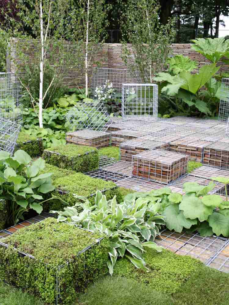gabion vägg-trädgård-design-moderna-byggstenar-mossgrön