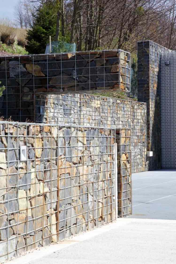 Gabion vägg-gabion staket-modern-trädgård-design-hållande vägg-sluttning-terrasserad natursten