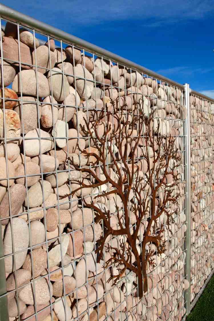 mönster träd gabion staket design idé sten trädgård