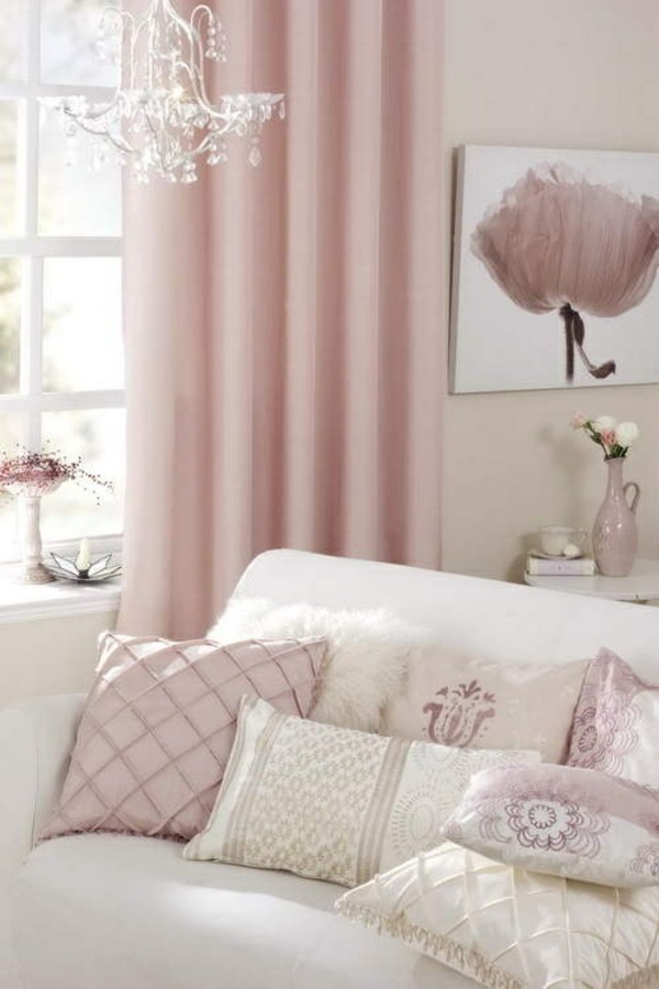 Vardagsrum färger rosa vita bild dekorativa tyger
