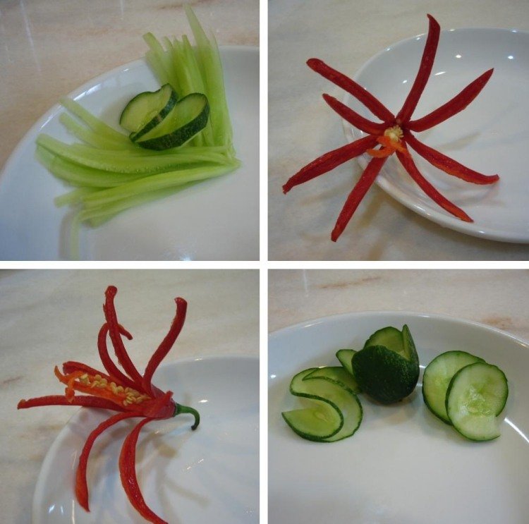 Garnera-dekorera-mat-grönsaker-gurka-chili-blommor
