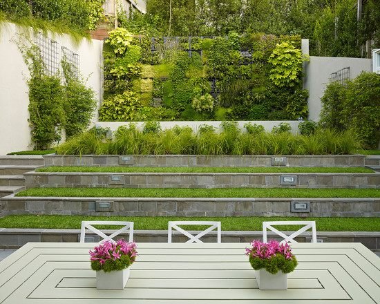 Skapa en trädgård på en sluttning moderna terrasser trappor vertikal grönning