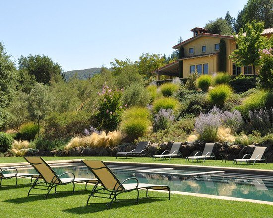 trädgård sluttning design idéer medelhavsstil gräs buskar pool
