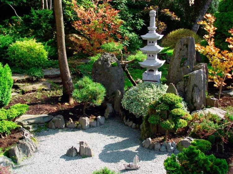 design-trädgård-japansk stil-barrträd-figurer-sängkläder-natursten