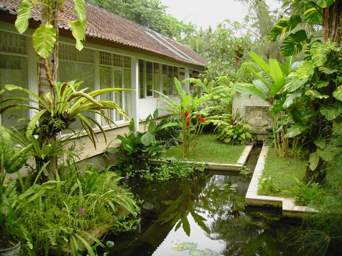 damm zen trädgård design tropisk känsla idéer gräsmatta