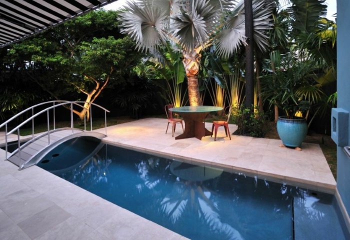 trädgård design pool bro indirekt belysning palmer
