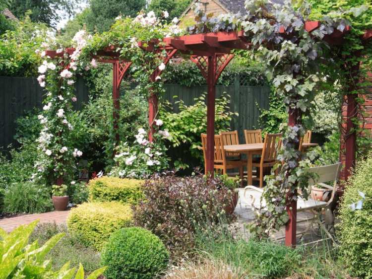 Trädgård uteplats pergola klätterväxter ros idéer