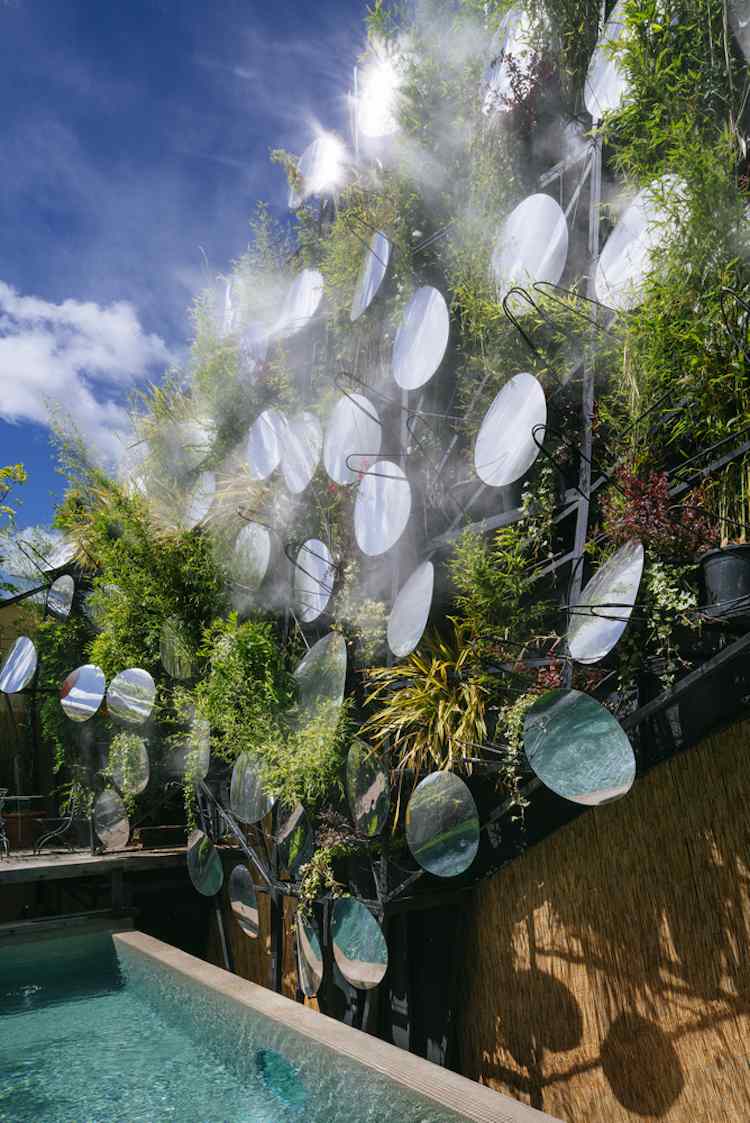 trädgård-pool-luftkylning-system-ångdimma dusch-vatten-rök-växter