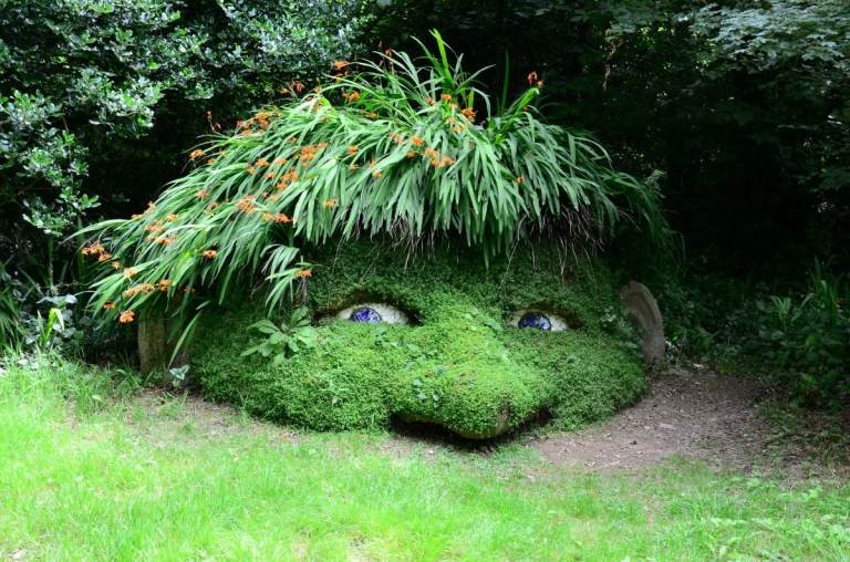 skapa en vacker trädgårdsluttning med en figur gjord av växter och gräsmatta