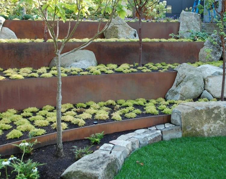 trädgård design plantering sten stål stödmur i trädgården