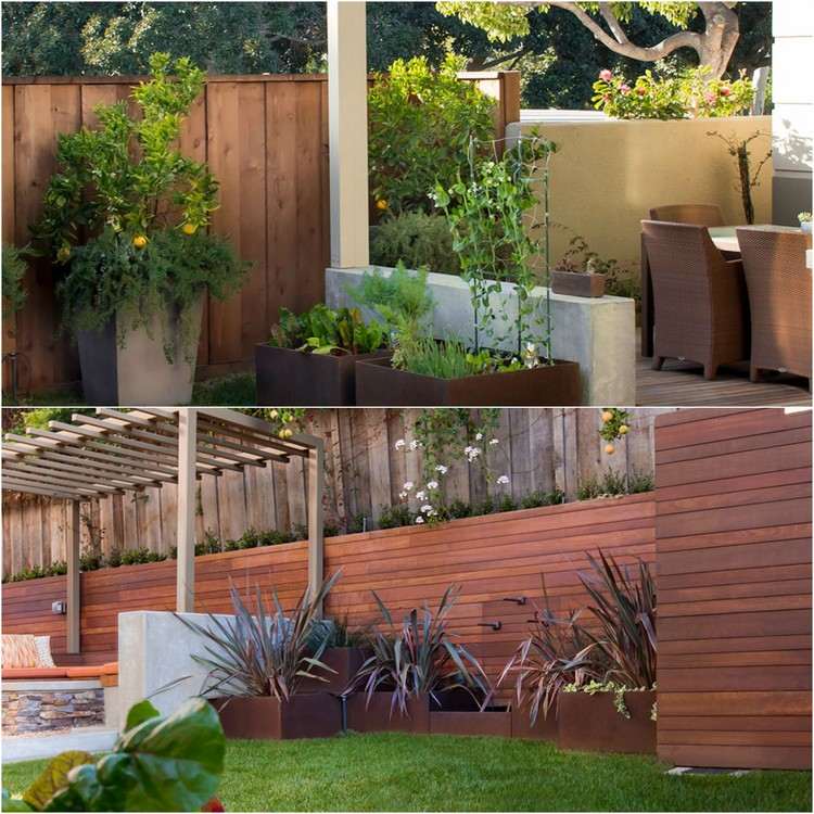 Idéer för trädgårdsskötsel och landskapsarkitektur-trä-sekretessstängsel-corten stål-planter-upphöjda sängar