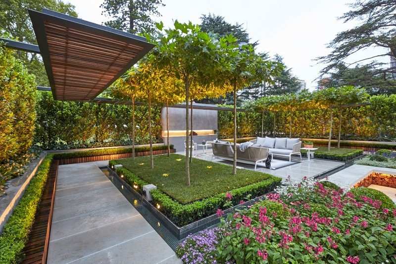 Trädgård-landskapsarkitektur-projekt-gräsmatta-sittplatser grupp-häck växter