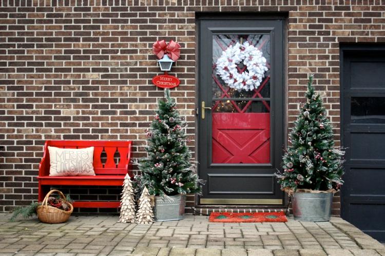 trädgård bänk för jul dekorera hus entré moderna kast kuddar gran träd dörr krans