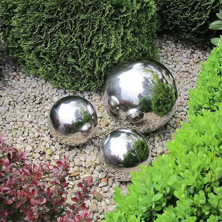trädgårdsdekoration-rostfritt stål-rostfritt stål-figurer-boll-polerat-grus-buske-golv