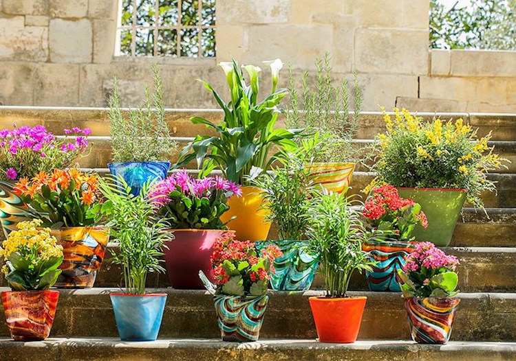 Trädgårdsdekoration av blomkrukor i glas-färgglada-färgade-handgjorda växter