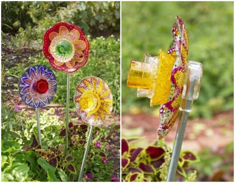 Hemmagjorda glasblommor som trädgårdsdekorationer