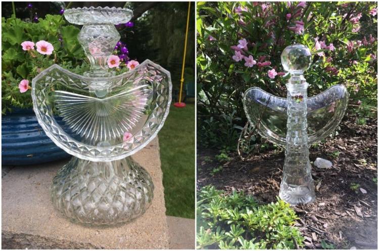 glaskonst för trädgården gjord av gamla vaser