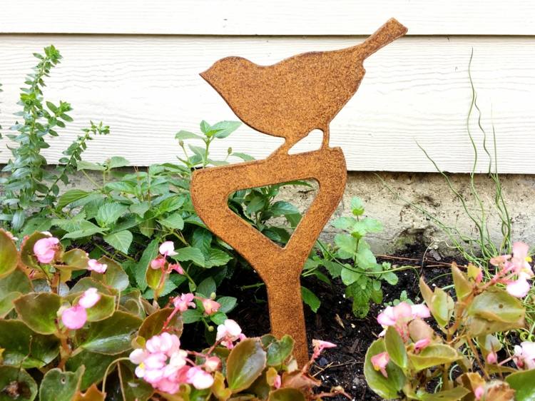 trädgård dekoration-rost-utomhus-design-fågel-spade-handtag-metall-tallrik