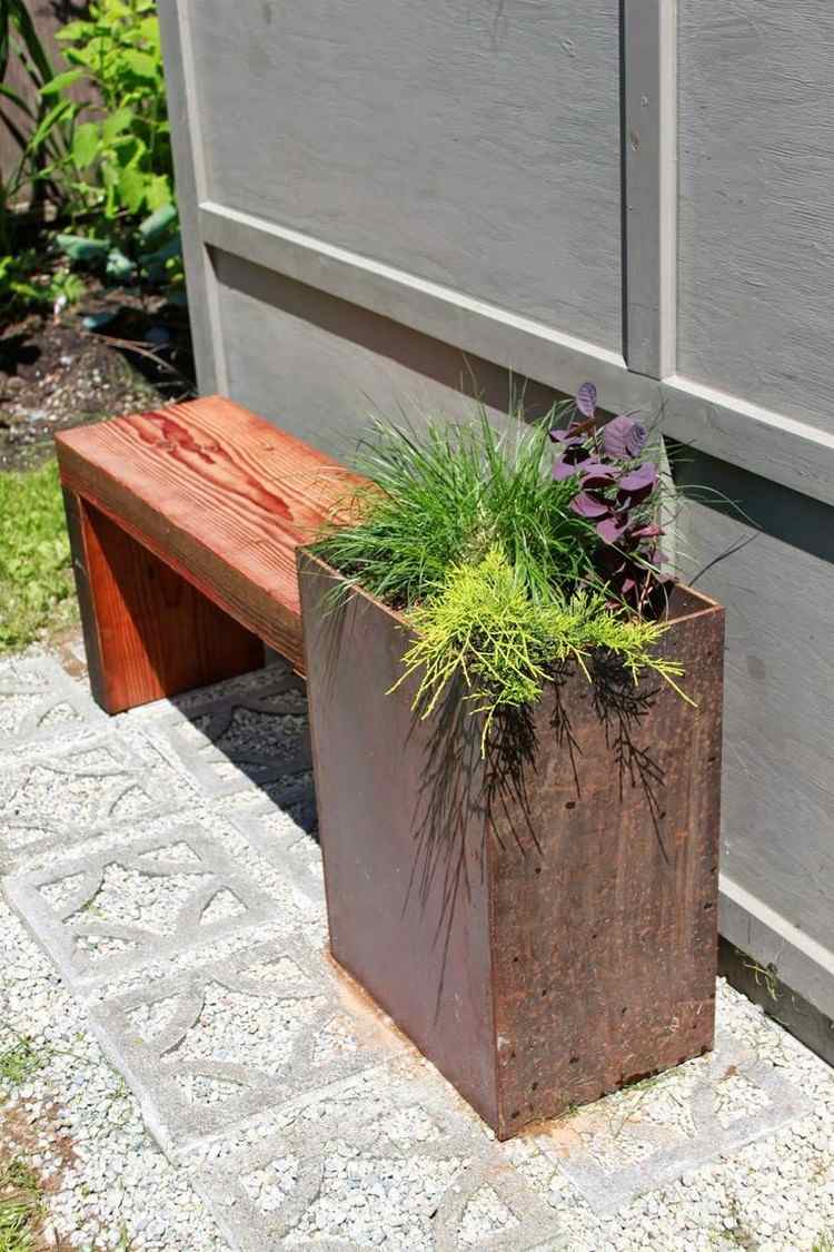 trädgård dekoration-rost-corten stål-bänk-trä-planter