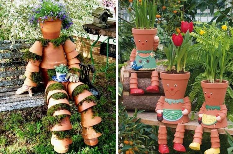 Trädgårdsdekorationer från lerkrukor, figurer-tinker-blommor-dekorerade