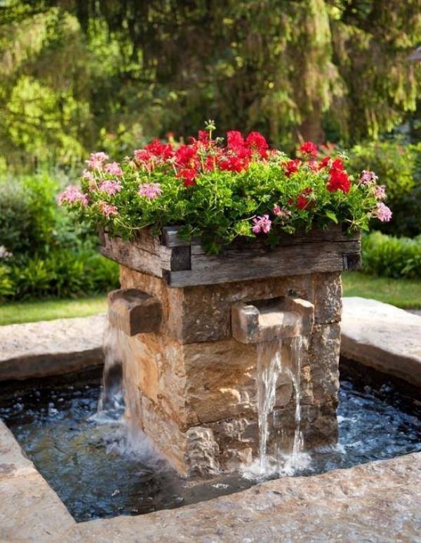 vacker-design-trädgård-blomma-fontän-själv