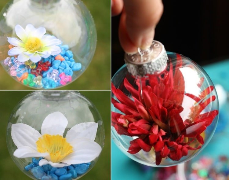Julgransbollar att dekorera på sommaren med blommor och dekorativa stenar