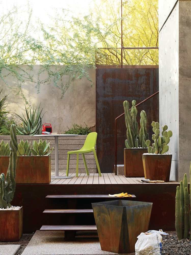 trädgård dekoration-rost-corten-stål-upphöjda sängar-planter-terrass-dekoration