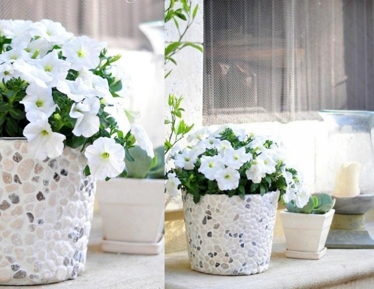 Gör-det-själv-gör-själv-gör-flöde-stenar-blomkruka-mosaik-vit-instruktioner
