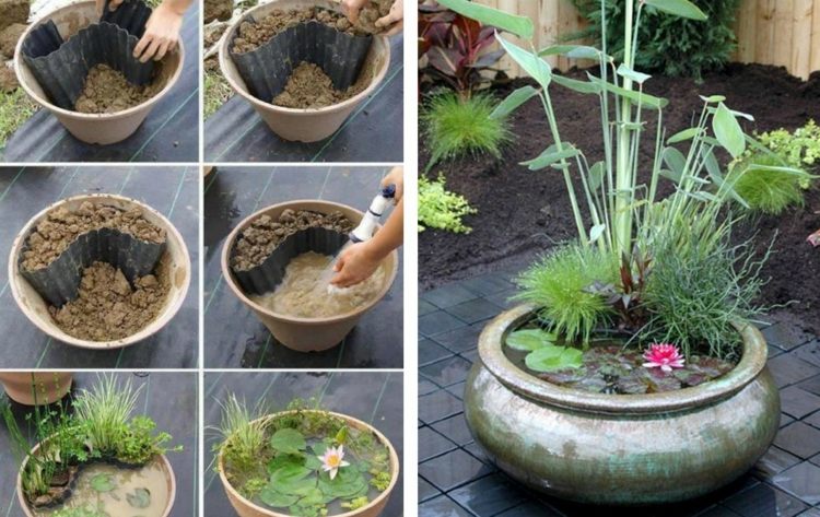 DIY trädgård dekoration trädgård damm idé vattenväxter graeser skål