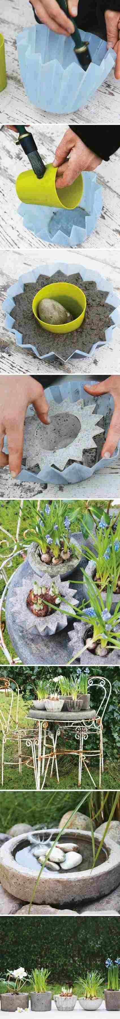 DIY trädgård dekorationer instruktioner betong blomkrukor DIY