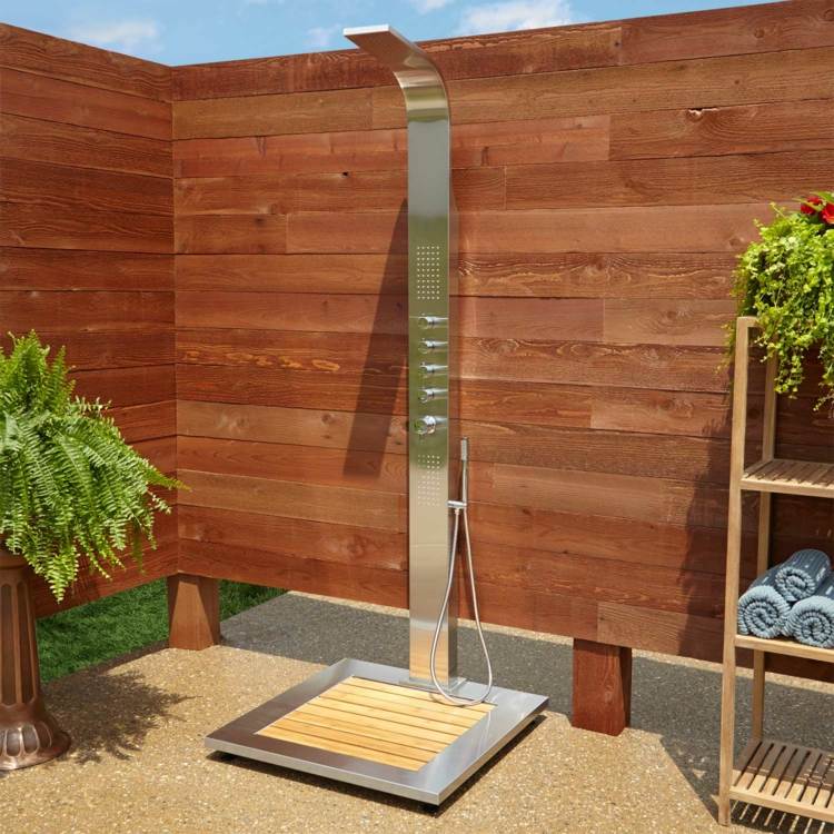 trädgård dusch bygga modern stål ståområde trä ormbunke vägg