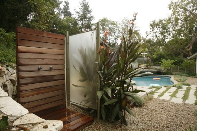 Trädgård dusch glas paravent trä Bangkirai vägggolv
