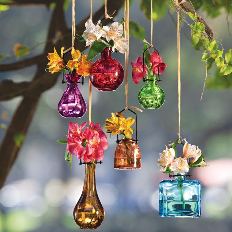 trädgård fest dekoration hängande-färgglada-glas-behållare-blomma-vaser-vintage