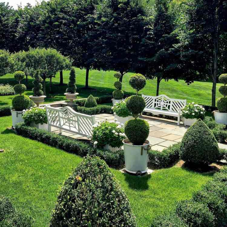 trädgårdsdesign 2014 romantiska-franska-element-bänk-vita-häckar