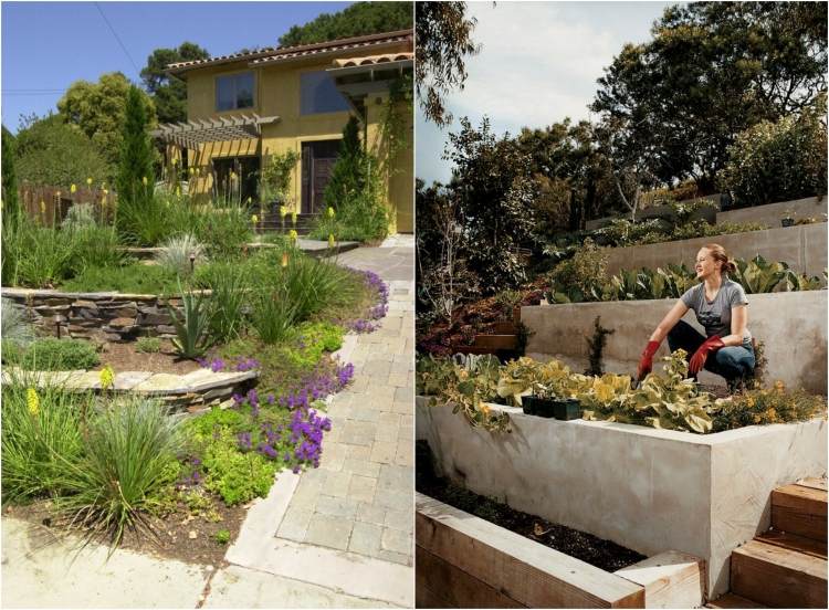 trädgård design-lutning-stödmurar-natursten plattor-betong