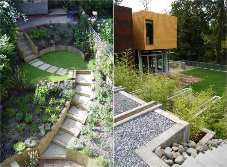 trädgård design-lutning-trappor-stödväggar-trä-betong