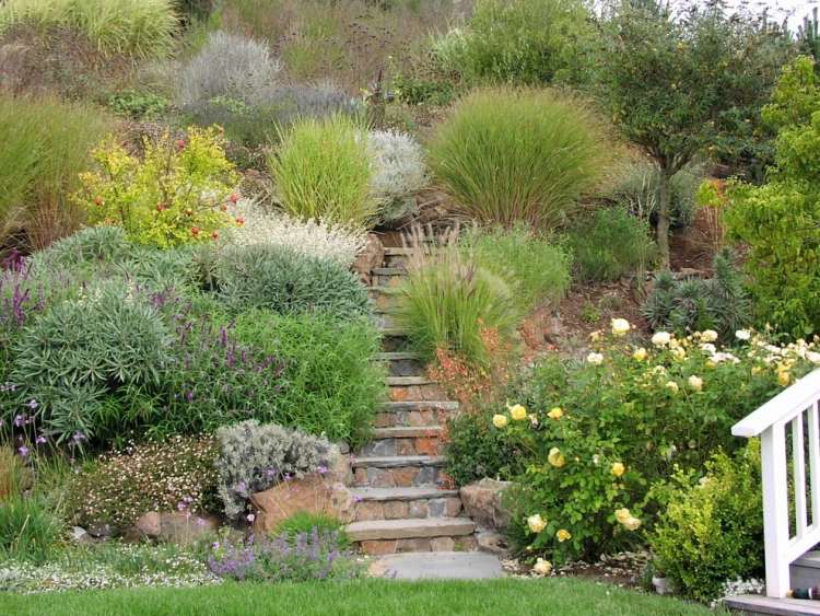 trädgård design-sluttning-trappor-steg-skog-blomma-buskar