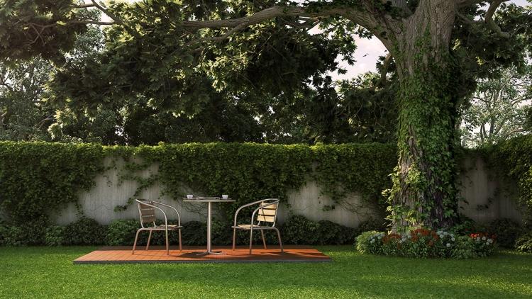trädgård-sittande-hörn-design-litet-trädäck-i-trädet-skugga-integritet staket