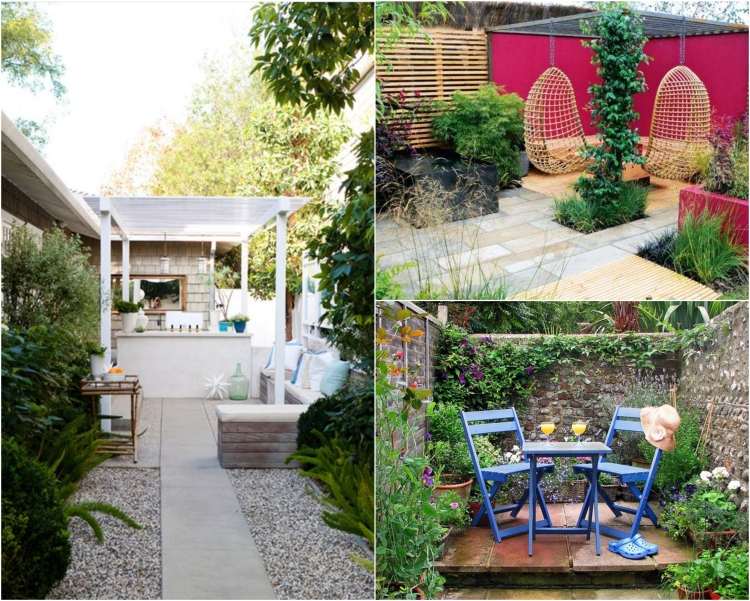 trädgård-design-idéer-liten-trädgård-sittgrupp-stolar-hängande stol-bänk