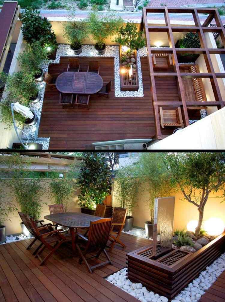 trädgård design-liten-trädgård-terrass-sten-trä-golv-fontän-bambu växter