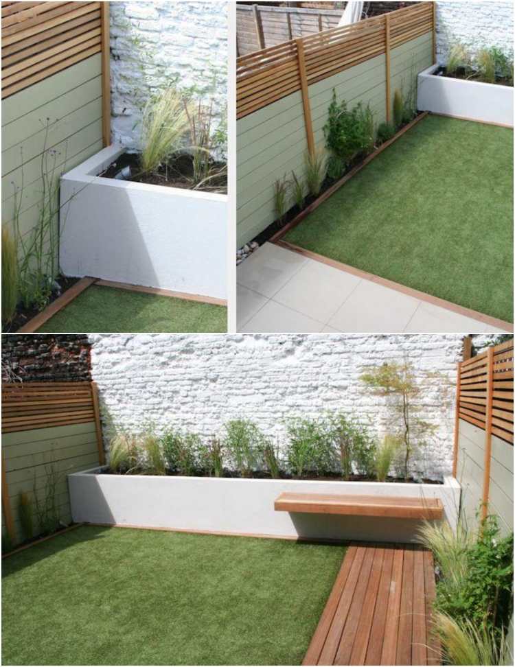 trädgårdsdesign-idéer-liten-trädgård-gräsmatta-platt-höjd säng-träbänk