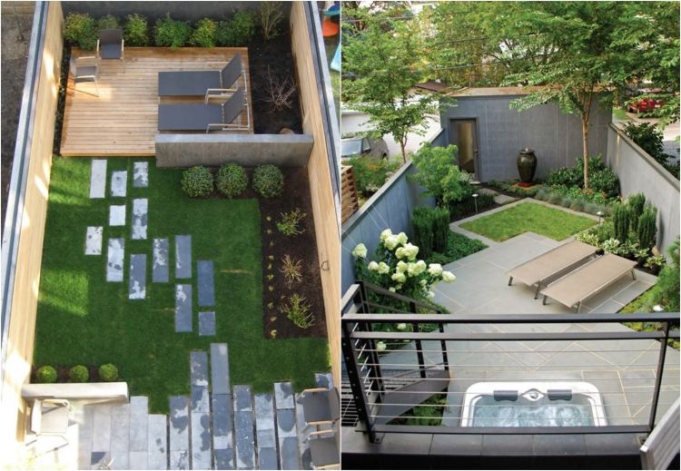 Trädgårdsdesign för små trädgårdar modern-gräsmatta-golv-kakel-mönster-solstolar