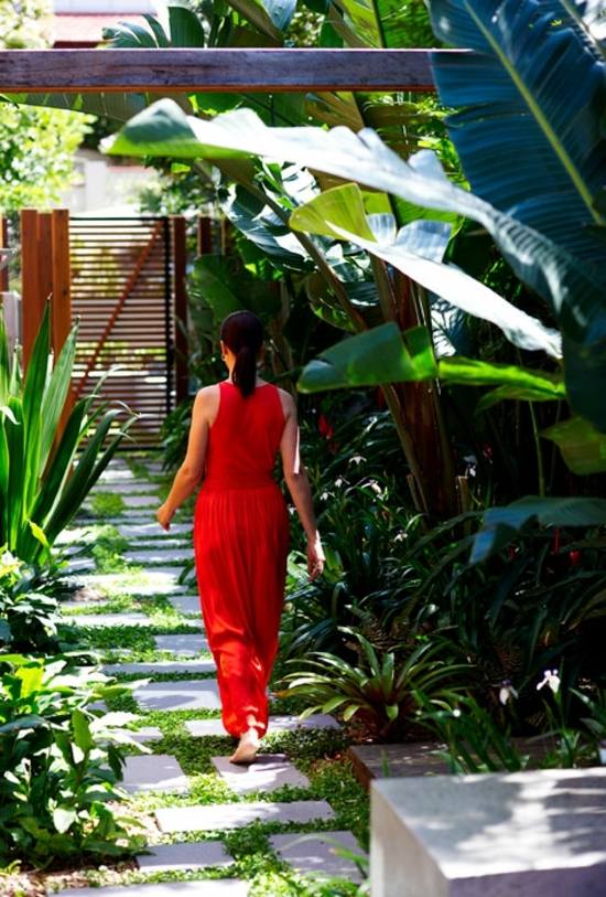 röda kläder trädgårdsstig stegstenar många växter tropiskt trämaterial