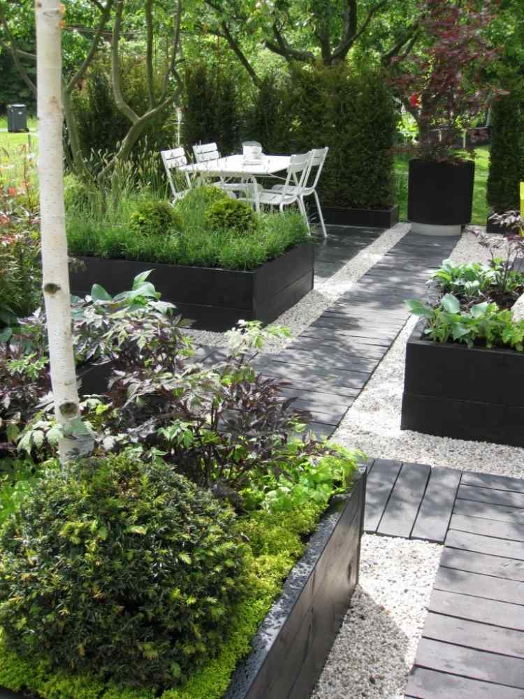 Trädgårdsdesign med grus-sten trädgård-skapa-modern-trädgård väg-skuggor-trädgårdsmöbler-häck