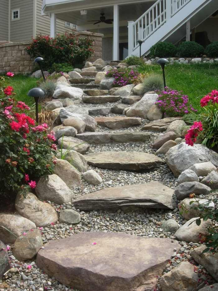 Trädgård-för-hand-effektiv-trädgård-trappor-natur-optisk-sten-väg-läggning