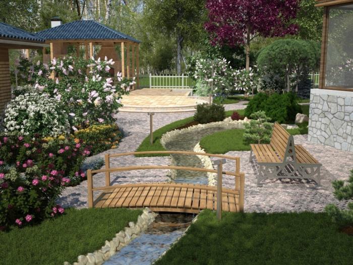 trädgård-design-med-stenar-däck-trä-bro-bäck-trädgård bänk