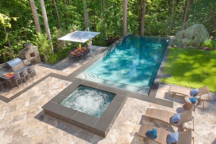Trädgårdsdesign, terrass, pool, jacuzzi, stenplattor, gräsmatta