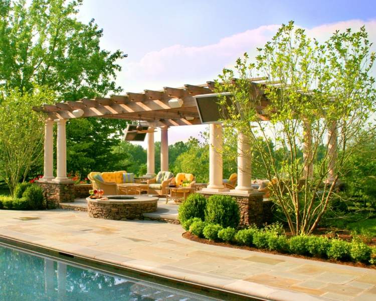 Trädgårdsdesign terrass solskydd pergola pool perenner rhododendron eldskål