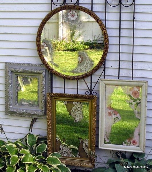 trädgård-idéer-gamla-saker-vägg-dekoration-vintage-speglar