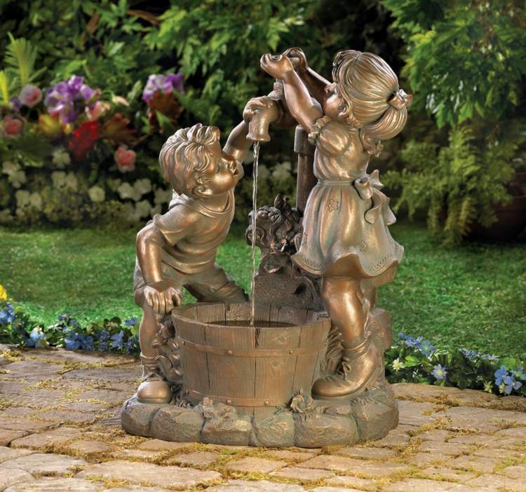 trädgård keramik keramik vatten fontän-dekorativa-barn-pojke-flicka-blommor-träd-trädgård design